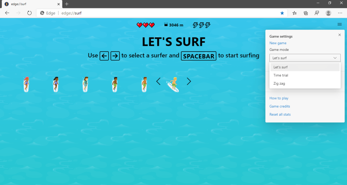 Jogo de Surf no Microsoft Edge
