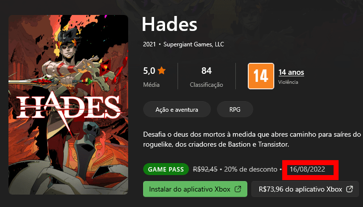 Hades Saída Xbox Game Pass