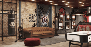 Imagem perspectiva de um dos ambientes do loft da Marvel