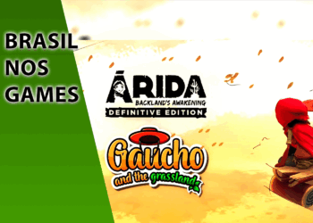 Capa do bundle "From the Grasslands to the Backlands" mostrando uma divisão entre o cenário do sertão de ARIDA e os campos gaúchos de Gaucho and the Grasslands. No centro, o título da coletânea e os logotipos dos jogos.