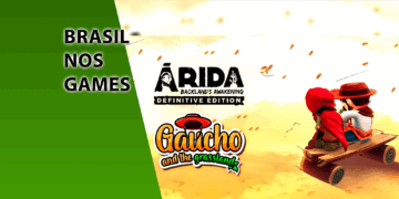 Capa do bundle "From the Grasslands to the Backlands" mostrando uma divisão entre o cenário do sertão de ARIDA e os campos gaúchos de Gaucho and the Grasslands. No centro, o título da coletânea e os logotipos dos jogos.