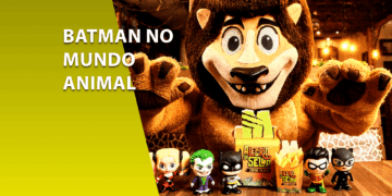 Mascote leão da rede Mundo Animal com brinquedos da coleção Batman: Arlequina, Coringa, Batman, Robin e Mulher-Gato. À esquerda, faixa amarela com o texto "BATMAN NO MUNDO ANIMAL".