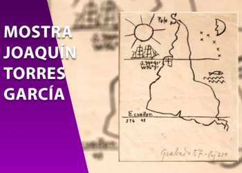 Ilustração do mapa da América do Sul invertido, com o sul no topo, obra de Joaquín Torres García. À esquerda, faixa roxa com o texto "MOSTRA JOAQUÍN TORRES GARCÍA".