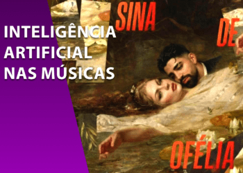 Montagem artística de um homem e uma mulher deitados em um rio com flores, estilo pintura clássica. À esquerda, faixa roxa com o texto "INTELIGÊNCIA ARTIFICIAL NAS MÚSICAS".