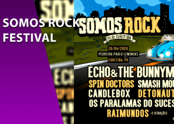 Cartaz oficial do festival Somos Rock Edição Curitiba 2026, destacando as bandas Echo & The Bunnymen, Spin Doctors, Smash Mouth e Candlebox. A arte mostra um esqueleto dirigindo um Fusca azul em direção à Pedreira Paulo Leminski.
