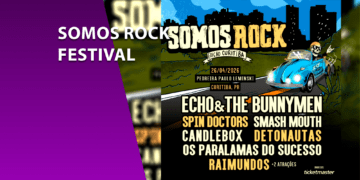 Cartaz oficial do festival Somos Rock Edição Curitiba 2026, destacando as bandas Echo & The Bunnymen, Spin Doctors, Smash Mouth e Candlebox. A arte mostra um esqueleto dirigindo um Fusca azul em direção à Pedreira Paulo Leminski.