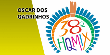 Logotipo colorido do 38º Troféu HQMIX, conhecido como o Oscar dos Quadrinhos no Brasil. A imagem apresenta um design circular em formato de cocar indígena estilizado com as cores do arco-íris, o número 38 em destaque e o texto "Oscar dos Quadrinhos" sobre um fundo dividido entre amarelo e branco.