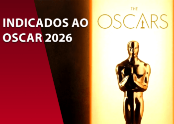 Estatueta dourada do Oscar em destaque sobre fundo dividido em bordô e off-white. À esquerda, o texto "INDICADOS AO OSCAR 2026" em branco. No canto superior direito, o logotipo oficial da Academia (The Oscars).