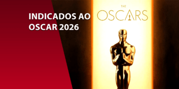 Estatueta dourada do Oscar em destaque sobre fundo dividido em bordô e off-white. À esquerda, o texto "INDICADOS AO OSCAR 2026" em branco. No canto superior direito, o logotipo oficial da Academia (The Oscars).