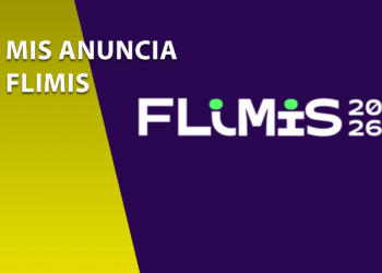 Banner promocional da FLIMIS 2026, a Feira do Livro do MIS (Museu da Imagem e do Som). O fundo é dividido diagonalmente entre amarelo e roxo, com o texto "MIS ANUNCIA FLIMIS" à esquerda e o logotipo oficial da feira à direita com o ano 2026.