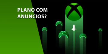 Banner ilustrativo sobre o rumor de um plano gratuito do Xbox Cloud Gaming com anúncios. A imagem apresenta o logotipo do Xbox em verde neon sobre um fundo preto, com ícones de controles e um foguete subindo, além do texto em destaque "PLANO COM ANÚNCIOS?".