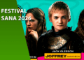 Banner promocional do Festival Sana 2026 em Fortaleza, apresentando os atores convidados Jack Gleeson (Joffrey Baratheon de Game of Thrones) e Clive Standen (Rollo de Vikings). O design possui fundo verde e turquesa com o texto "Festival Sana 2026".