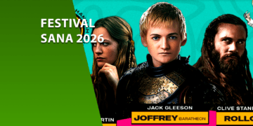 Banner promocional do Festival Sana 2026 em Fortaleza, apresentando os atores convidados Jack Gleeson (Joffrey Baratheon de Game of Thrones) e Clive Standen (Rollo de Vikings). O design possui fundo verde e turquesa com o texto "Festival Sana 2026".