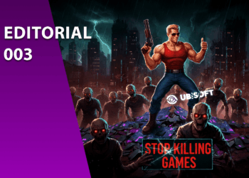 Ilustração digital de um herói de ação musculoso, lembrando Duke Nukem, segurando uma escopeta e cercado por zumbis em uma cidade apocalíptica. A imagem contém o logotipo da Ubisoft e uma placa com a frase "Stop Killing Games", destacando o debate sobre a preservação de jogos digitais e o fim de servidores.
