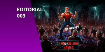 Ilustração digital de um herói de ação musculoso, lembrando Duke Nukem, segurando uma escopeta e cercado por zumbis em uma cidade apocalíptica. A imagem contém o logotipo da Ubisoft e uma placa com a frase "Stop Killing Games", destacando o debate sobre a preservação de jogos digitais e o fim de servidores.