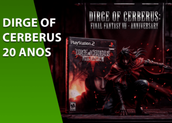 Composição comemorativa de 20 anos do jogo Dirge of Cerberus: Final Fantasy VII para PlayStation 2. A imagem mostra a capa original do jogo com Vincent Valentine, uma estátua detalhada do personagem em pose de ação e um estandarte ao fundo celebrando o aniversário. À esquerda, uma faixa verde contém o texto "DIRGE OF CERBERUS 20 ANOS".