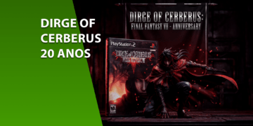 Composição comemorativa de 20 anos do jogo Dirge of Cerberus: Final Fantasy VII para PlayStation 2. A imagem mostra a capa original do jogo com Vincent Valentine, uma estátua detalhada do personagem em pose de ação e um estandarte ao fundo celebrando o aniversário. À esquerda, uma faixa verde contém o texto "DIRGE OF CERBERUS 20 ANOS".