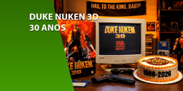 Foto de um setup retro gamer celebrando os 30 anos de Duke Nukem 3D. Sobre uma mesa de madeira, há um monitor CRT antigo exibindo o menu do jogo, uma caixa original de Duke Nukem 3D, um bolo de aniversário com a inscrição "1996-2026", óculos escuros, um disquete e uma réplica de pistola. Ao fundo, um banner diz "Hail to the King, Baby!".