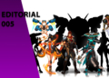 Banner do Editorial 005 com diversos personagens de videogame em estilo anime e cibernético. À esquerda, fundo roxo com o texto "EDITORIAL 005". No centro, destaca-se um gato usando uma mochila a jato (jetpack).