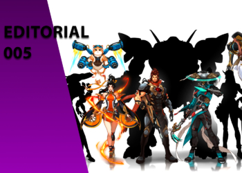 Banner do Editorial 005 com diversos personagens de videogame em estilo anime e cibernético. À esquerda, fundo roxo com o texto "EDITORIAL 005". No centro, destaca-se um gato usando uma mochila a jato (jetpack).