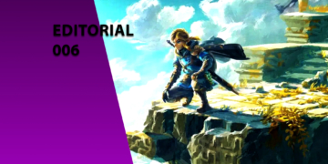 Ilustração artística do personagem Link, de The Legend of Zelda, agachado em uma ruína de pedra acima das nuvens. À esquerda, uma faixa roxa inclinada com o texto "EDITORIAL 006".