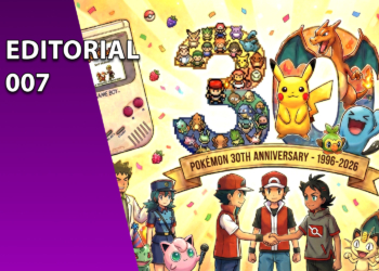 Ilustração comemorativa de 30 anos de Pokémon (1996-2026) com Ash, Red, Goh, Pikachu, Charizard e diversos Pokémon clássicos em estilo pixel art e moderno, acompanhada de um console Nintendo Switch exibindo Pokémon Scarlet e Violet.