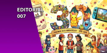 Ilustração comemorativa de 30 anos de Pokémon (1996-2026) com Ash, Red, Goh, Pikachu, Charizard e diversos Pokémon clássicos em estilo pixel art e moderno, acompanhada de um console Nintendo Switch exibindo Pokémon Scarlet e Violet.