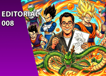 Imagem dividida ao meio: à esquerda, um fundo roxo sólido com o texto "EDITORIAL 008". À direita, uma ilustração colorida de Akira Toriyama desenhando o personagem Goku, cercado por heróis e vilões de Dragon Ball, como Vegeta, Piccolo, Trunks e o dragão Shenlong.