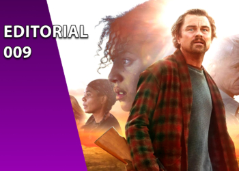 Banner do Editorial 009 apresentando uma montagem de personagens do filme "Uma Batalha Após a Outra", com Leonardo DiCaprio em destaque no primeiro plano usando uma camisa xadrez sobre um fundo de luz dourada