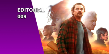 Banner do Editorial 009 apresentando uma montagem de personagens do filme "Uma Batalha Após a Outra", com Leonardo DiCaprio em destaque no primeiro plano usando uma camisa xadrez sobre um fundo de luz dourada