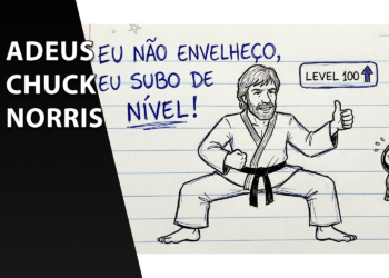 Banner de despedida a Chuck Norris com uma metade preta contendo o texto "Adeus Chuck Norris" e a outra metade simulando uma folha de caderno com uma ilustração do ator em pose de artes marciais, dando um sinal de positivo para uma pequena figura da Morte.
