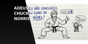 Banner de despedida a Chuck Norris com uma metade preta contendo o texto "Adeus Chuck Norris" e a outra metade simulando uma folha de caderno com uma ilustração do ator em pose de artes marciais, dando um sinal de positivo para uma pequena figura da Morte.