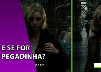 Comparação lado a lado de um jogo eletrônico com DLSS 5 Off e DLSS 5 On, destacando melhorias extremas em iluminação, texturas e detalhes de personagem, com o texto interrogativo "E se for pegadinha?".