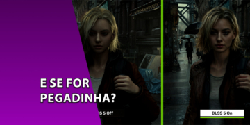 Comparação lado a lado de um jogo eletrônico com DLSS 5 Off e DLSS 5 On, destacando melhorias extremas em iluminação, texturas e detalhes de personagem, com o texto interrogativo "E se for pegadinha?".