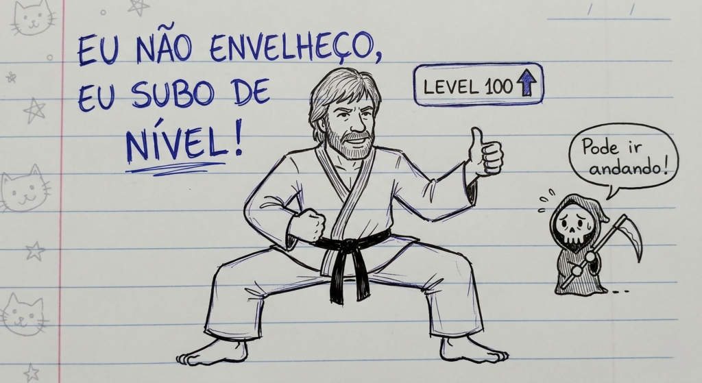 Banner de despedida a Chuck Norris simulando uma folha de caderno com uma ilustração do ator em pose de artes marciais, dando um sinal de positivo para uma pequena figura da Morte.