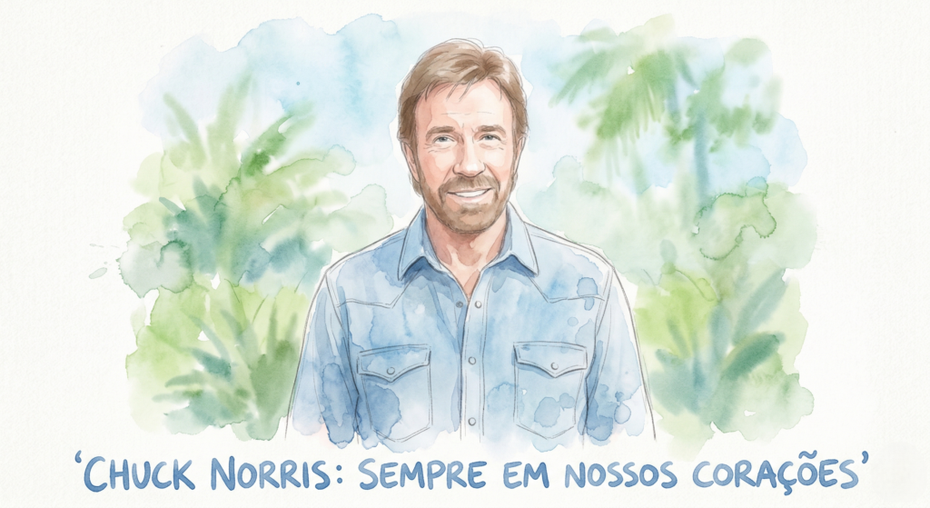 Retrato em estilo aquarela de Chuck Norris sorrindo, vestindo uma camisa jeans azul, com um fundo de folhagens verdes e a frase "CHUCK NORRIS: SEMPRE EM NOSSOS CORAÇÕES" na base.