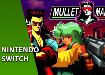 Arte do jogo Mullet MadJack em estilo anime dos anos 90. À esquerda, faixa verde com o texto "NINTENDO SWITCH". No centro, os personagens MadJack e uma mulher de cabelos verdes em uma cidade futurista sob um céu roxo.