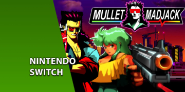 Arte do jogo Mullet MadJack em estilo anime dos anos 90. À esquerda, faixa verde com o texto "NINTENDO SWITCH". No centro, os personagens MadJack e uma mulher de cabelos verdes em uma cidade futurista sob um céu roxo.