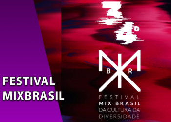 Cartaz do 34º Festival Mix Brasil da Cultura da Diversidade com fundo abstrato em tons de magenta e preto. À esquerda, uma faixa roxa inclinada com o texto "FESTIVAL MIXBRASIL".