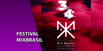 Cartaz do 34º Festival Mix Brasil da Cultura da Diversidade com fundo abstrato em tons de magenta e preto. À esquerda, uma faixa roxa inclinada com o texto "FESTIVAL MIXBRASIL".