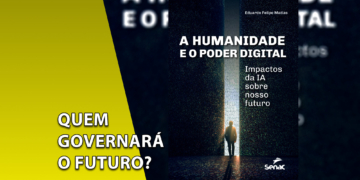 Capa do livro "A Humanidade e o Poder Digital" em destaque. À esquerda, uma faixa amarela inclinada com a pergunta "QUEM GOVERNARÁ O FUTURO?".