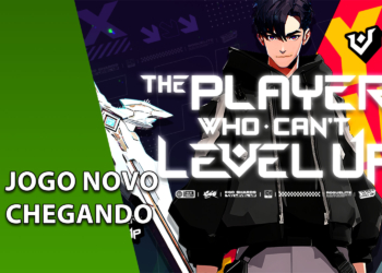 Banner do jogo "The Player Who Can't Level Up" mostrando o protagonista de cabelos escuros entre duas espadas futuristas. À esquerda, uma faixa verde com o texto "JOGO NOVO CHEGANDO".