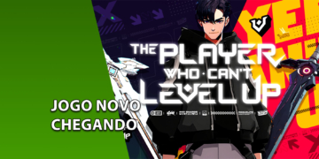 Banner do jogo "The Player Who Can't Level Up" mostrando o protagonista de cabelos escuros entre duas espadas futuristas. À esquerda, uma faixa verde com o texto "JOGO NOVO CHEGANDO".