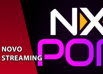 Logotipo do NX POP em destaque sobre fundo preto. À esquerda, uma faixa vermelha inclinada com o texto "NOVO STREAMING".