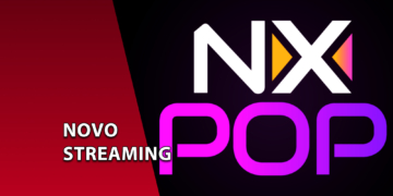 Logotipo do NX POP em destaque sobre fundo preto. À esquerda, uma faixa vermelha inclinada com o texto "NOVO STREAMING".