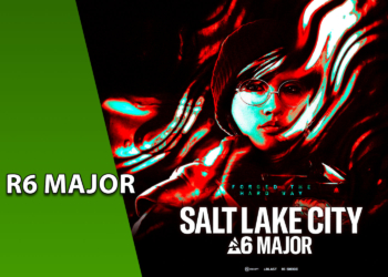 Arte promocional do R6 Major Salt Lake City com efeito visual em vermelho e ciano. À esquerda, uma faixa verde inclinada com o texto "R6 MAJOR". No centro, o rosto de uma competidora com óculos.