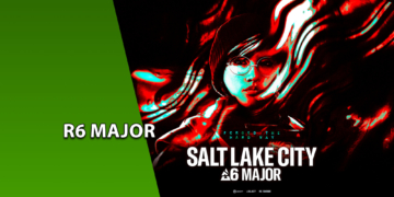 Arte promocional do R6 Major Salt Lake City com efeito visual em vermelho e ciano. À esquerda, uma faixa verde inclinada com o texto "R6 MAJOR". No centro, o rosto de uma competidora com óculos.