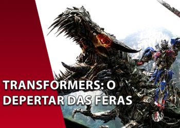 O líder dos Autobots, Optimus Prime, montado no Dinobot Grimlock em um cenário de montanhas. À esquerda, uma faixa vermelha inclinada com o texto "TRANSFORMERS: O DESPERTAR DAS FERAS".