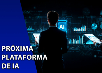 Dois profissionais em trajes formais de costas, operando interfaces digitais com gráficos e um ícone central de IA. À esquerda, uma faixa azul inclinada com o texto "PRÓXIMA PLATAFORMA DE IA".