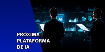 Dois profissionais em trajes formais de costas, operando interfaces digitais com gráficos e um ícone central de IA. À esquerda, uma faixa azul inclinada com o texto "PRÓXIMA PLATAFORMA DE IA".